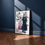 Maomao and Jinshi manga poster inspired by The Apothecary Diaries in a black frame against a navy blue wall