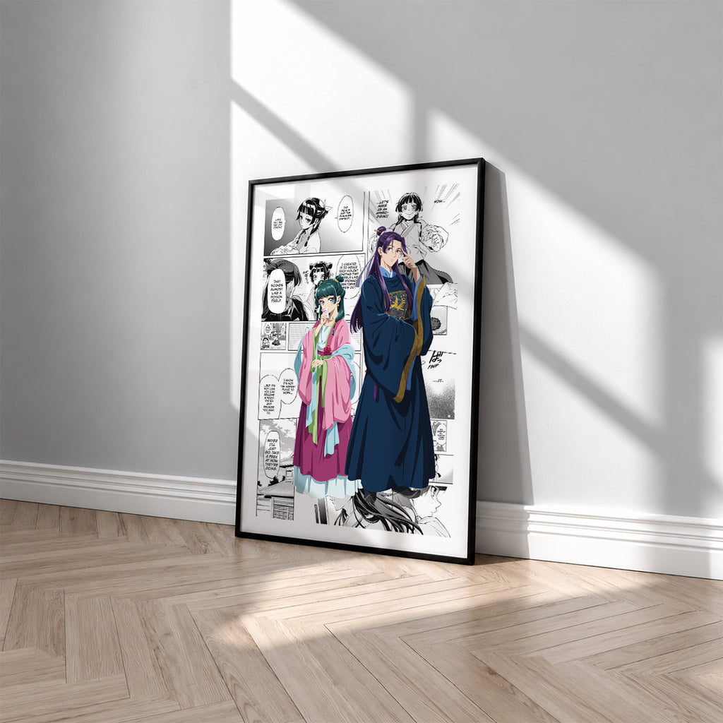 Maomao and Jinshi manga poster inspired by The Apothecary Diaries in a black frame against a light gray wall