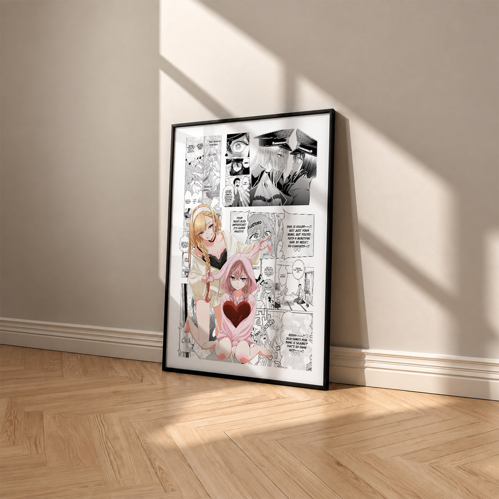 Marin Kitagawa and Sajuna Inui manga poster inspired by My Dress-Up Darling in a black frame against a warm beige wall