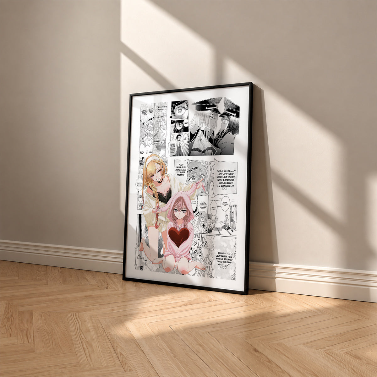 Marin Kitagawa and Sajuna Inui manga poster inspired by My Dress-Up Darling in a black frame against a warm beige wall