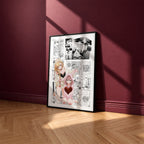 Marin Kitagawa and Sajuna Inui manga poster inspired by My Dress-Up Darling in a black frame against a burgundy wall