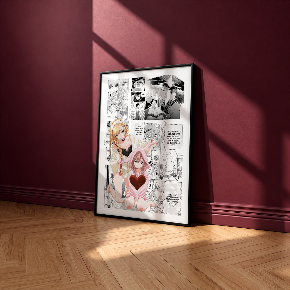 Marin Kitagawa and Sajuna Inui manga poster inspired by My Dress-Up Darling in a black frame against a burgundy wall