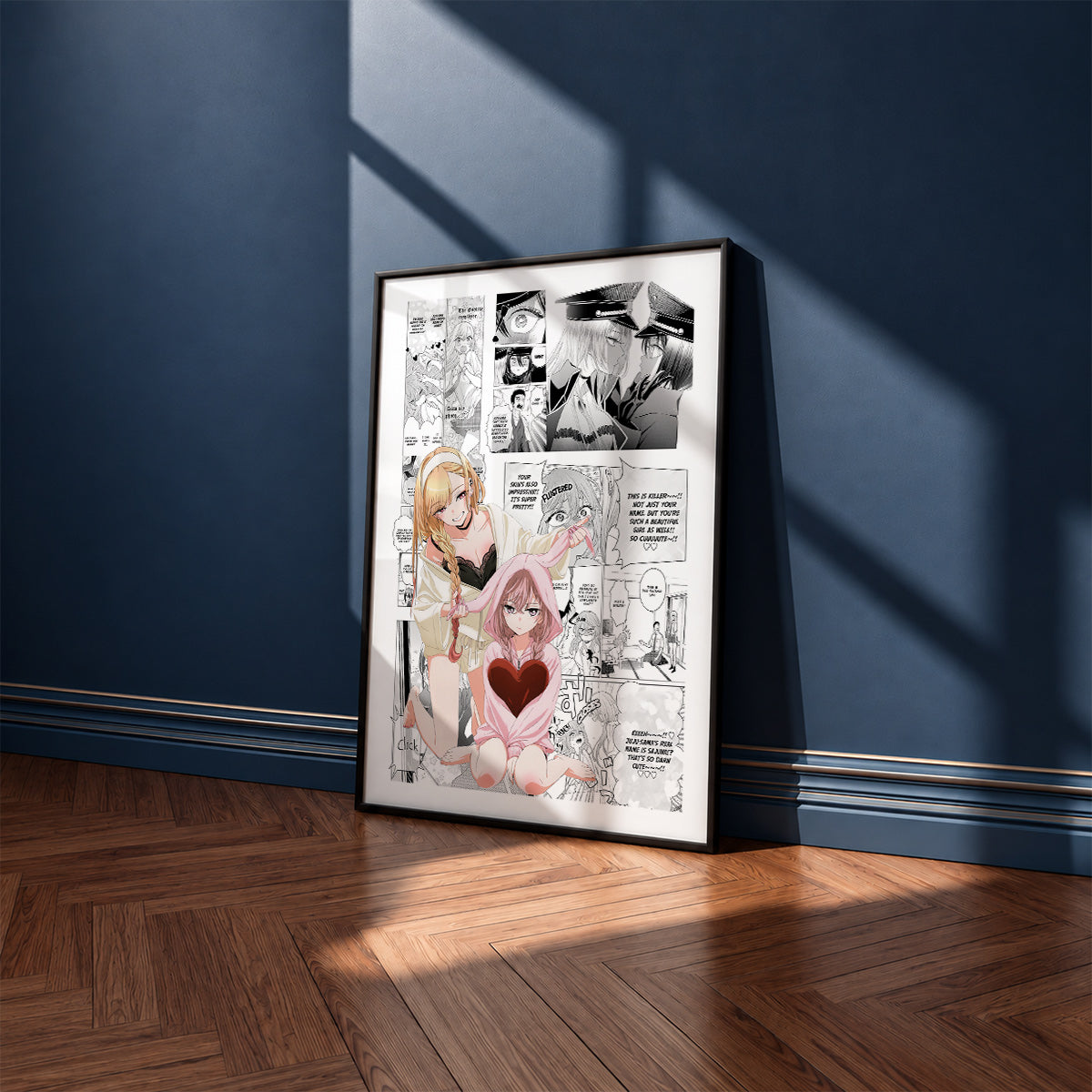 Marin Kitagawa and Sajuna Inui manga poster inspired by My Dress-Up Darling in a black frame against a navy blue wall