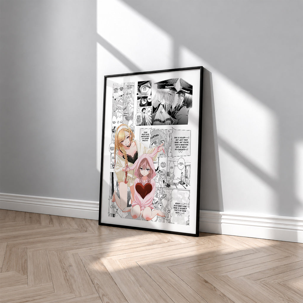 Marin Kitagawa and Sajuna Inui manga poster inspired by My Dress-Up Darling in a black frame against a light gray wall