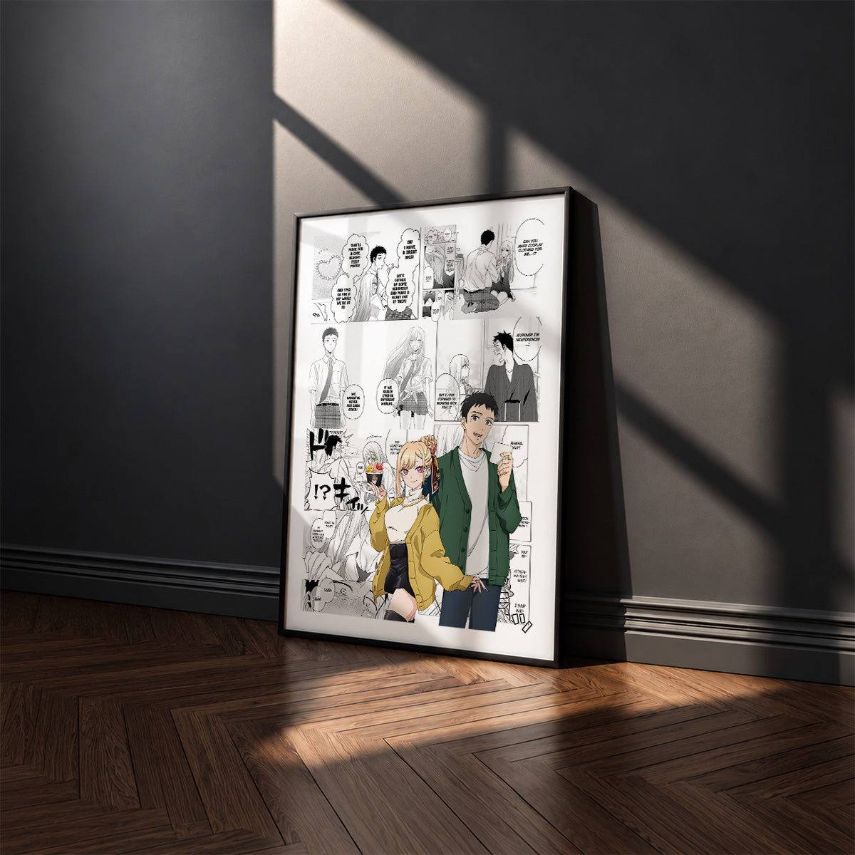 Marin Kitagawa and Wakana Gojo manga poster inspired by My Dress-Up Darling in a black frame against a charcoal gray wall