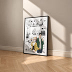 Marin Kitagawa and Wakana Gojo manga poster inspired by My Dress-Up Darling in a black frame against a warm beige wall
