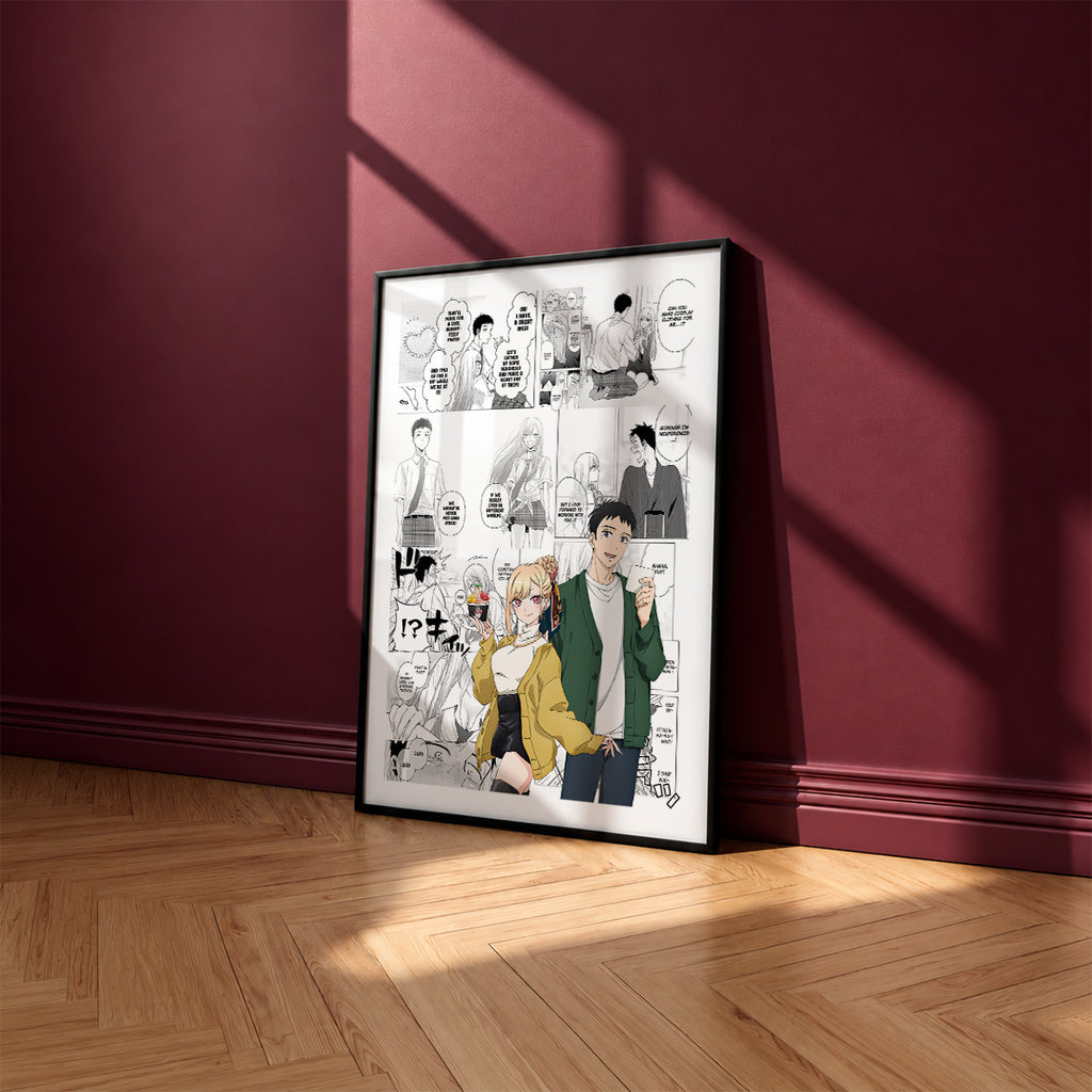 Marin Kitagawa and Wakana Gojo manga poster inspired by My Dress-Up Darling in a black frame against a burgundy wall
