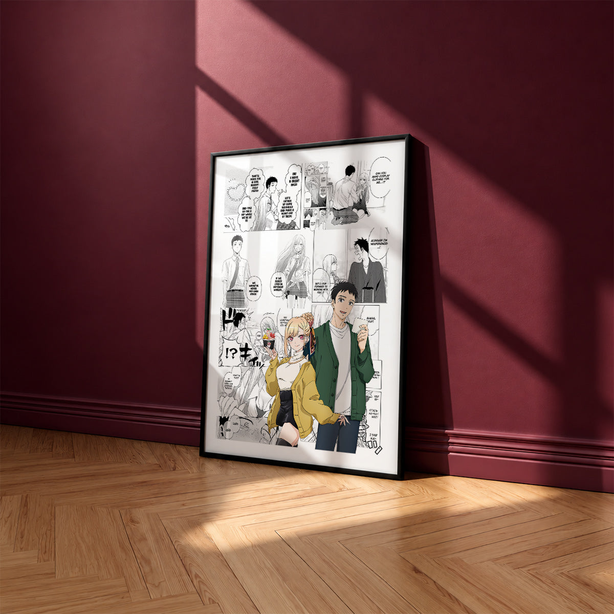 Marin Kitagawa and Wakana Gojo manga poster inspired by My Dress-Up Darling in a black frame against a burgundy wall