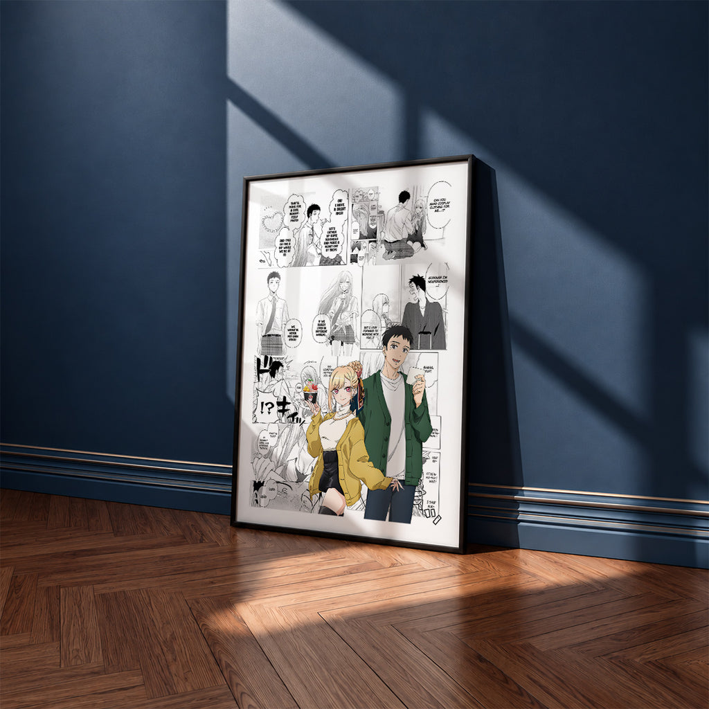 Marin Kitagawa and Wakana Gojo manga poster inspired by My Dress-Up Darling in a black frame against a navy blue wall