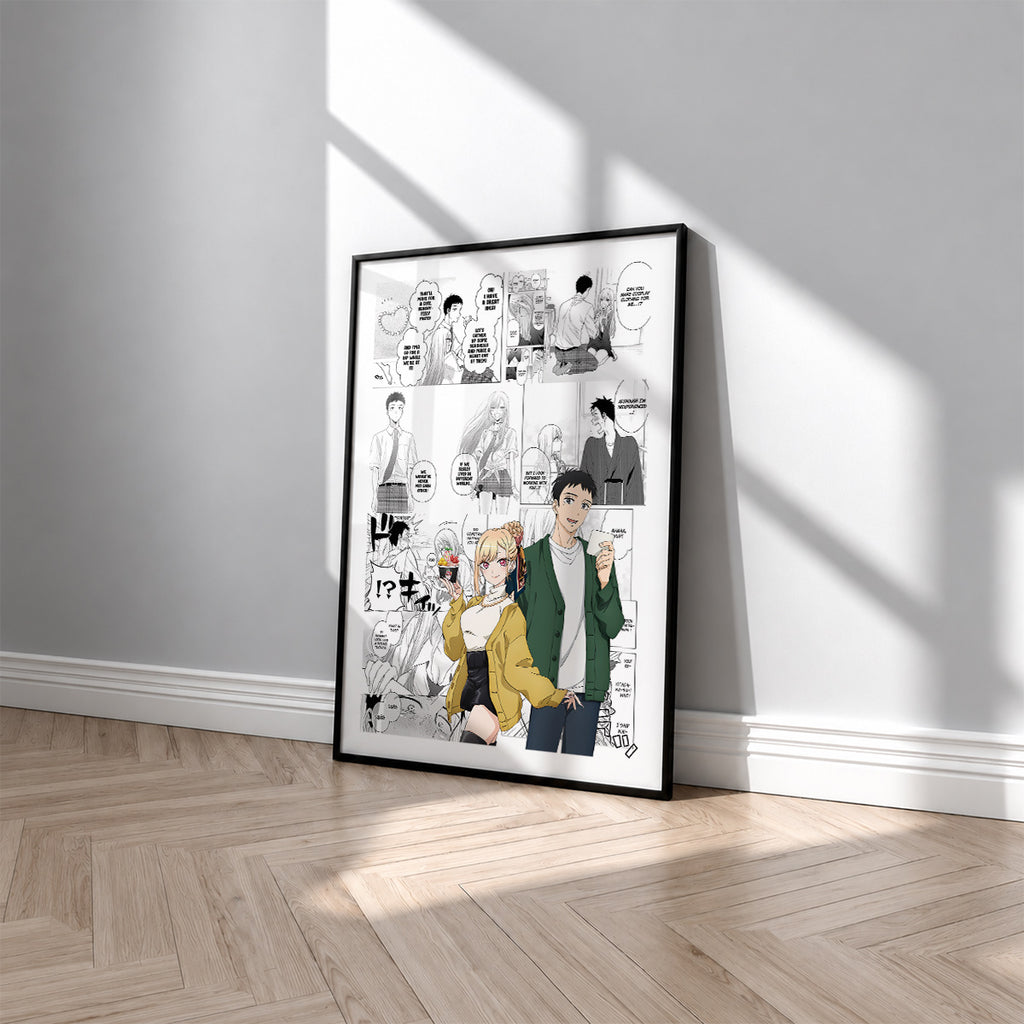 Marin Kitagawa and Wakana Gojo manga poster inspired by My Dress-Up Darling in a black frame against a light gray wall