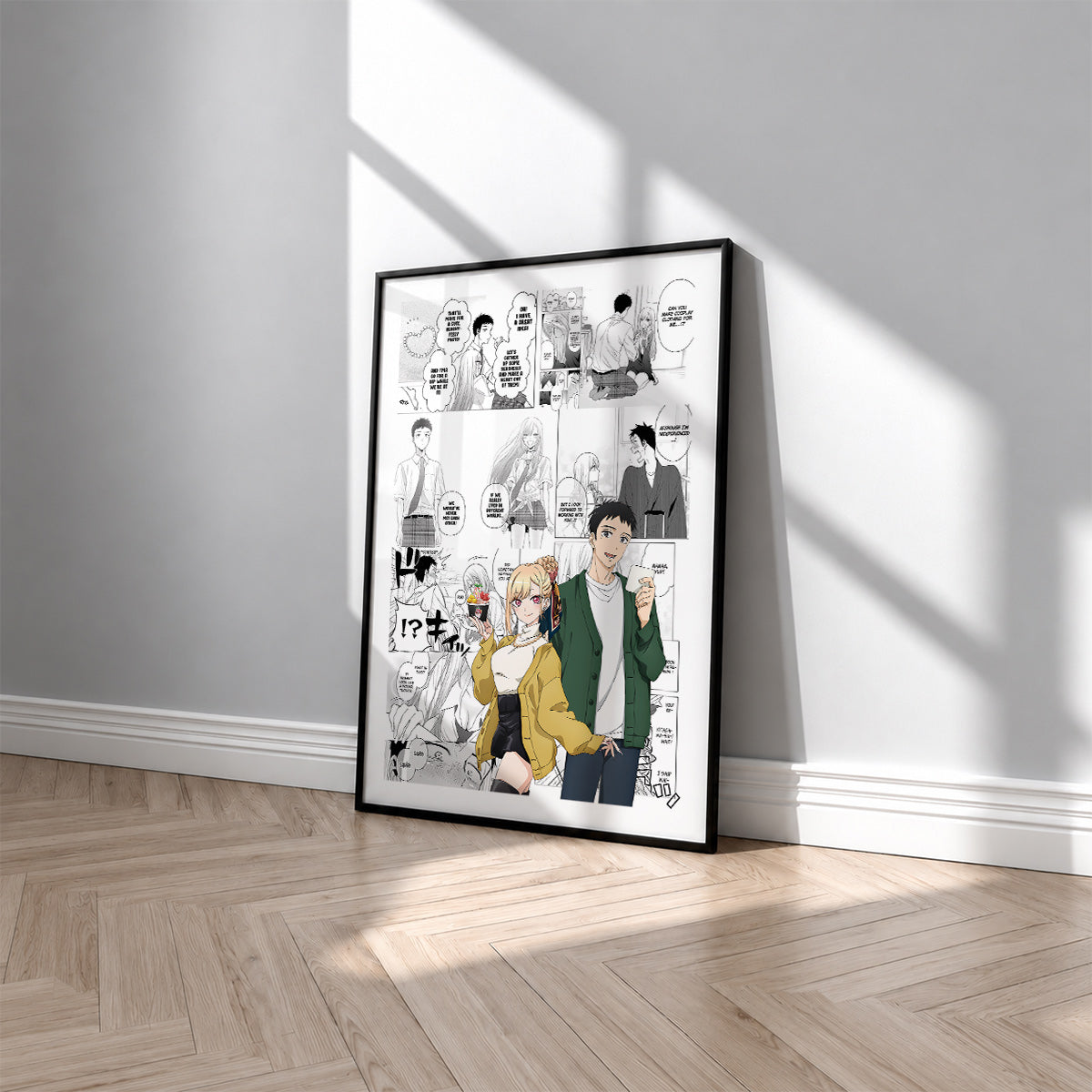 Marin Kitagawa and Wakana Gojo manga poster inspired by My Dress-Up Darling in a black frame against a light gray wall