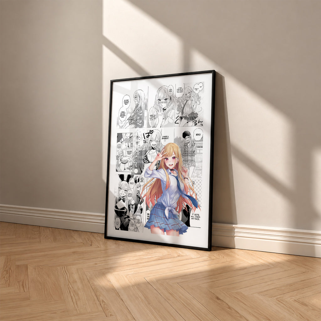 Marin Kitagawa manga poster inspired by My Dress-Up Darling in a black frame against a warm beige wall