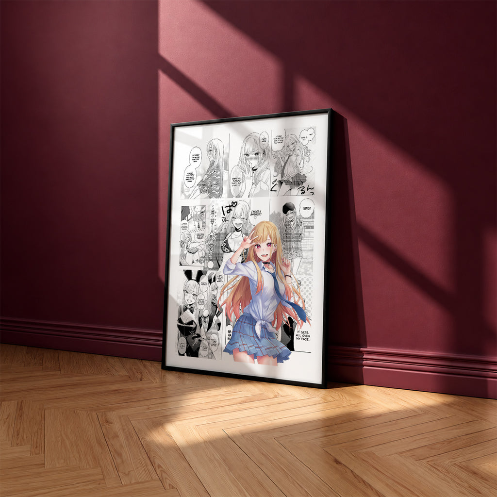 Marin Kitagawa manga poster inspired by My Dress-Up Darling in a black frame against a burgundy wall