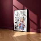 Marin Kitagawa manga poster inspired by My Dress-Up Darling in a black frame against a burgundy wall
