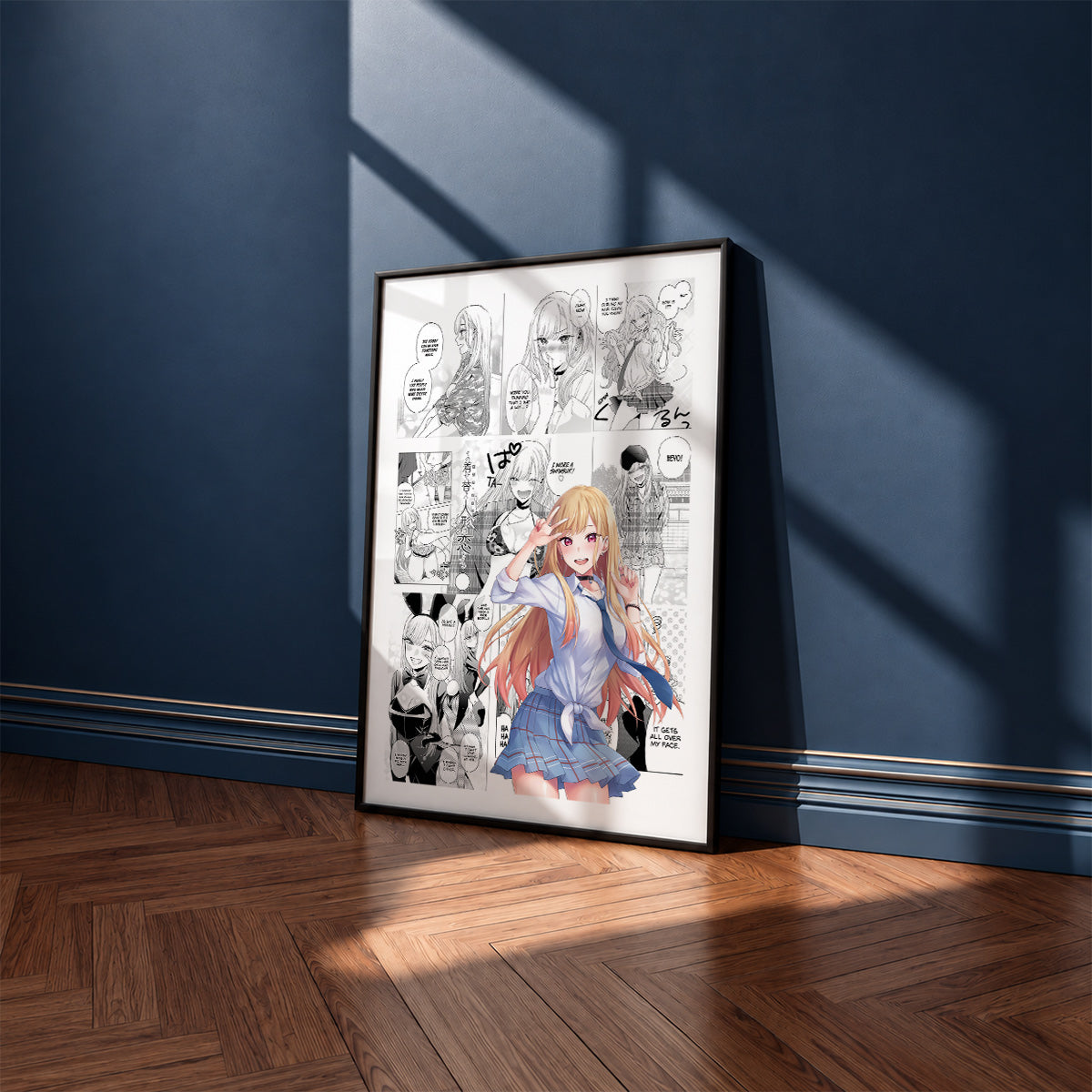 Marin Kitagawa manga poster inspired by My Dress-Up Darling in a black frame against a navy blue wall