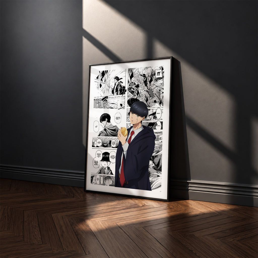 Mash Burnedead manga poster inspired by Mashle: Magic and Muscles in a black frame against a charcoal gray wall