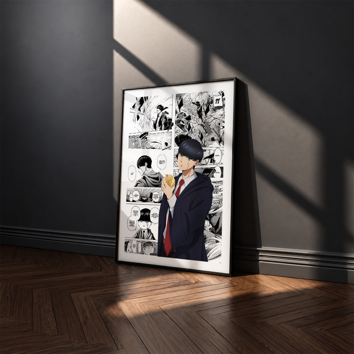 Mash Burnedead manga poster inspired by Mashle: Magic and Muscles in a black frame against a charcoal gray wall