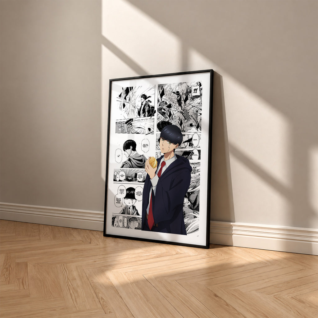 Mash Burnedead manga poster inspired by Mashle: Magic and Muscles in a black frame against a warm beige wall