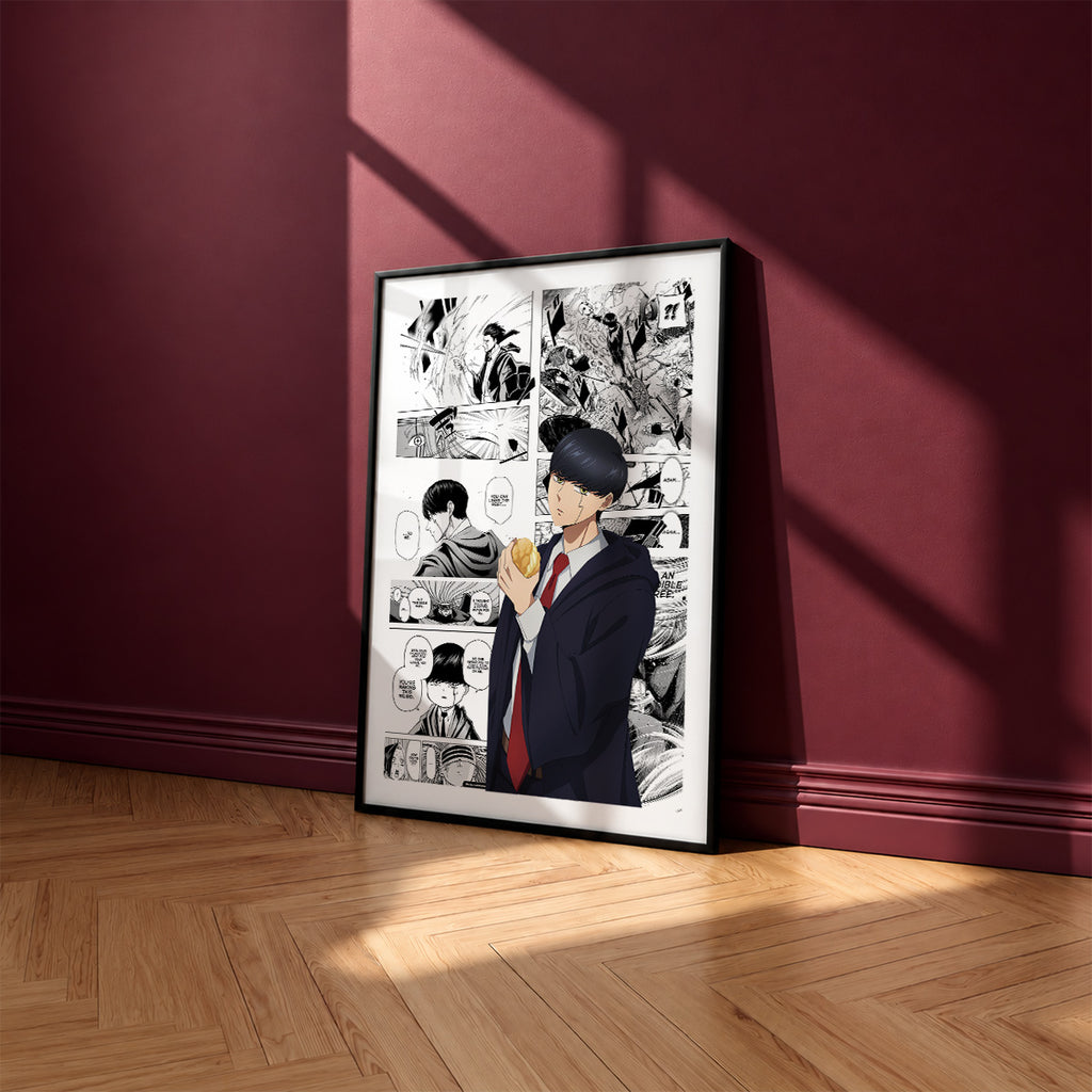Mash Burnedead manga poster inspired by Mashle: Magic and Muscles in a black frame against a burgundy wall