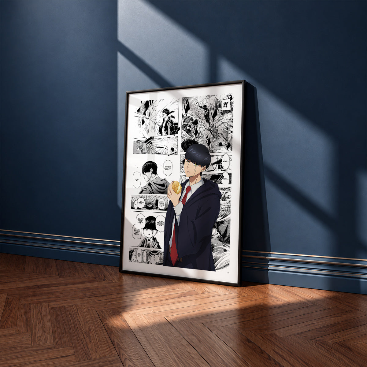Mash Burnedead manga poster inspired by Mashle: Magic and Muscles in a black frame against a navy blue wall
