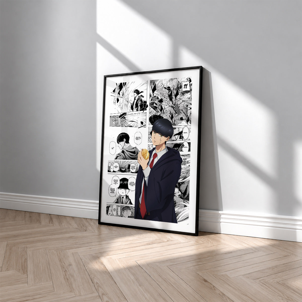 Mash Burnedead manga poster inspired by Mashle: Magic and Muscles in a black frame against a light gray wall