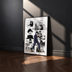 Megumi Fushiguro manga poster inspired by Jujutsu Kaisen in a black frame against a charcoal gray wall