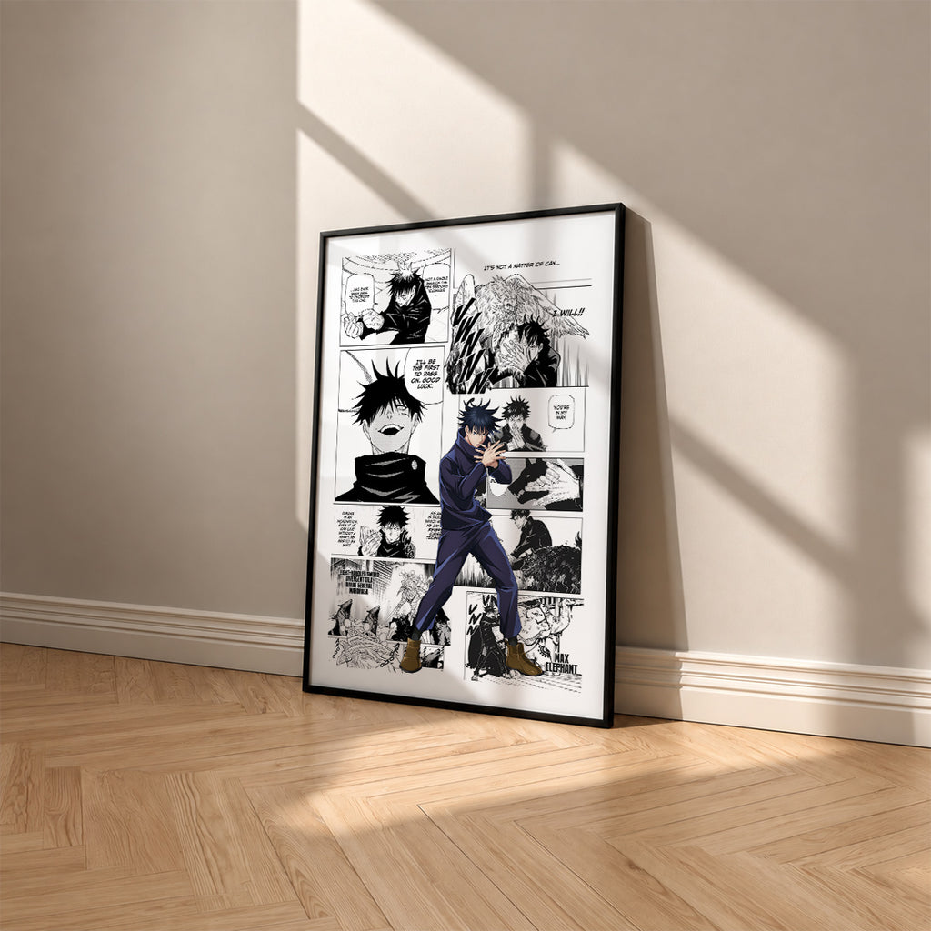 Megumi Fushiguro manga poster inspired by Jujutsu Kaisen in a black frame against a warm beige wall