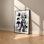 Megumi Fushiguro manga poster inspired by Jujutsu Kaisen in a black frame against a warm beige wall