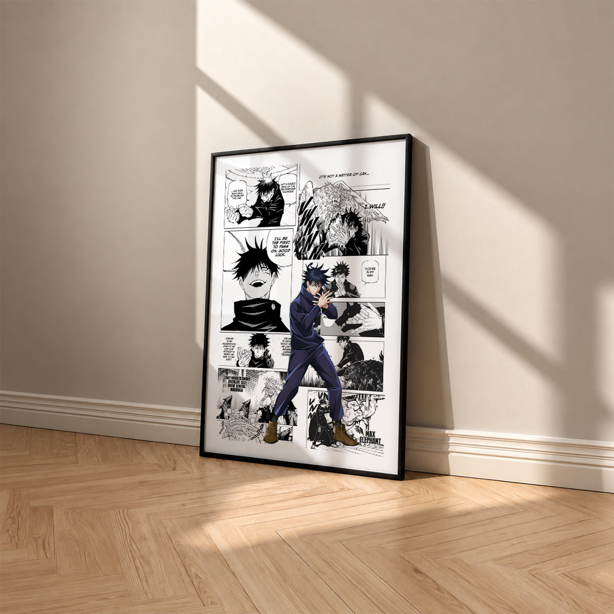 Megumi Fushiguro manga poster inspired by Jujutsu Kaisen in a black frame against a warm beige wall