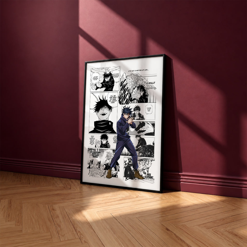 Megumi Fushiguro manga poster inspired by Jujutsu Kaisen in a black frame against a burgundy wall