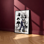Megumi Fushiguro manga poster inspired by Jujutsu Kaisen in a black frame against a burgundy wall