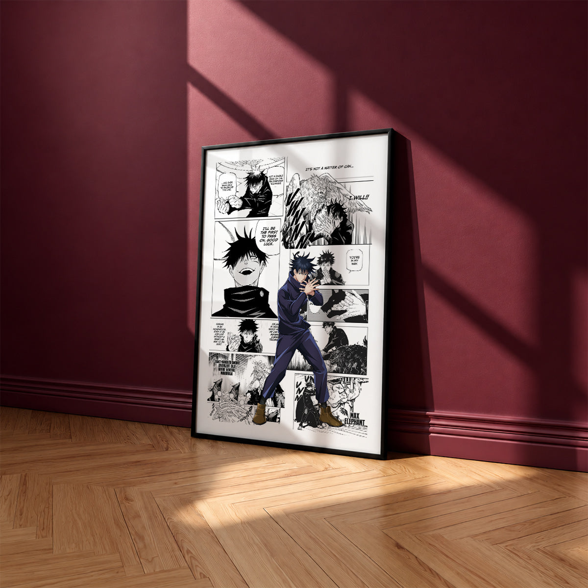 Megumi Fushiguro manga poster inspired by Jujutsu Kaisen in a black frame against a burgundy wall