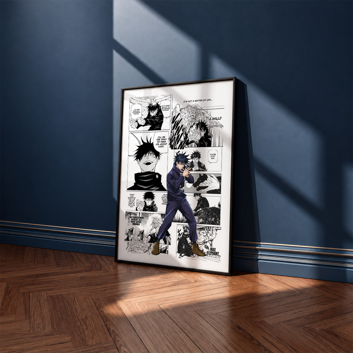 Megumi Fushiguro manga poster inspired by Jujutsu Kaisen in a black frame against a navy blue wall