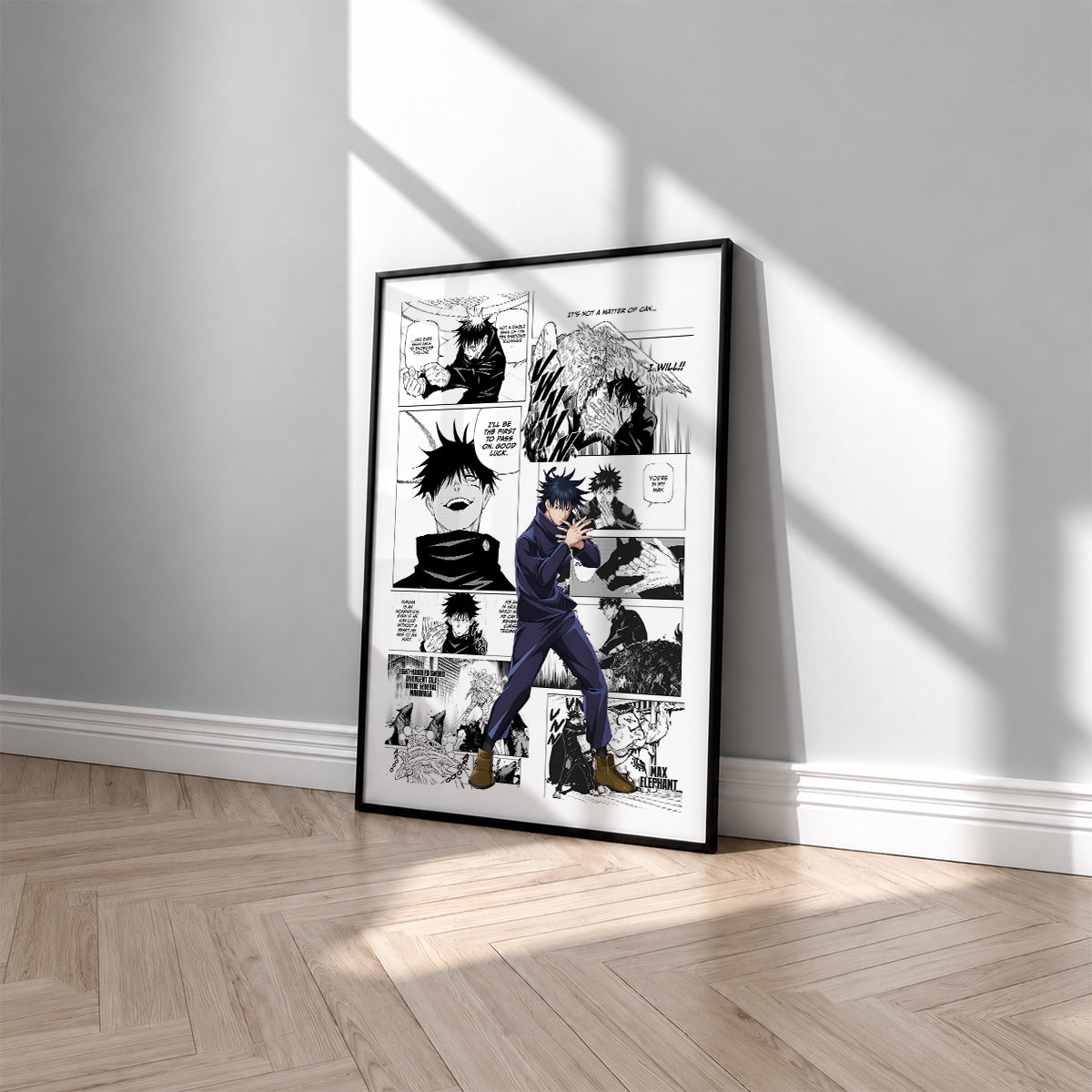 Megumi Fushiguro manga poster inspired by Jujutsu Kaisen in a black frame against a light gray wall