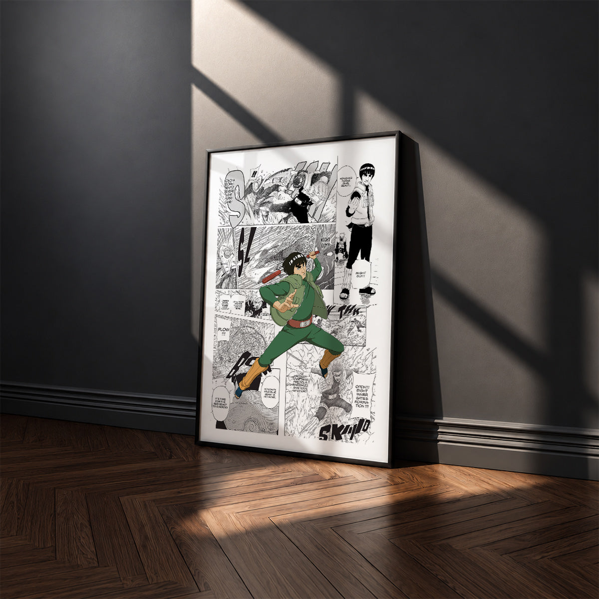Might Guy manga poster inspired by Naruto in a black frame against a charcoal gray wall