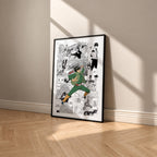 Might Guy manga poster inspired by Naruto in a black frame against a warm beige wall