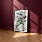 Might Guy manga poster inspired by Naruto in a black frame against a burgundy wall