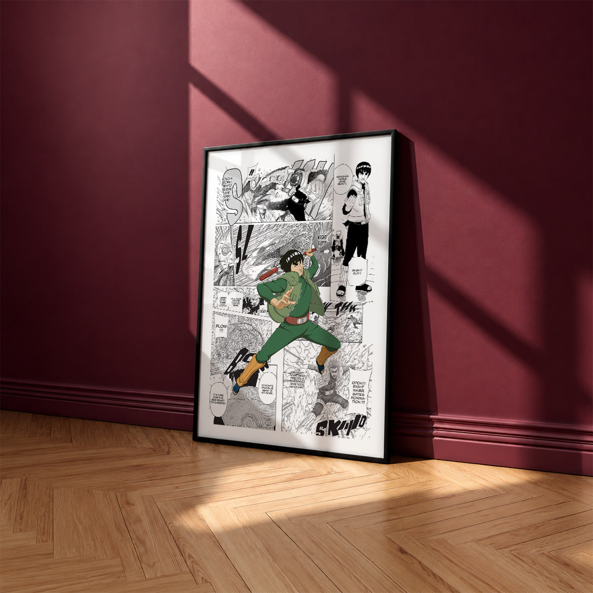 Might Guy manga poster inspired by Naruto in a black frame against a burgundy wall