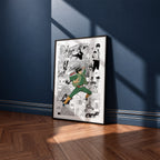 Might Guy manga poster inspired by Naruto in a black frame against a navy blue wall