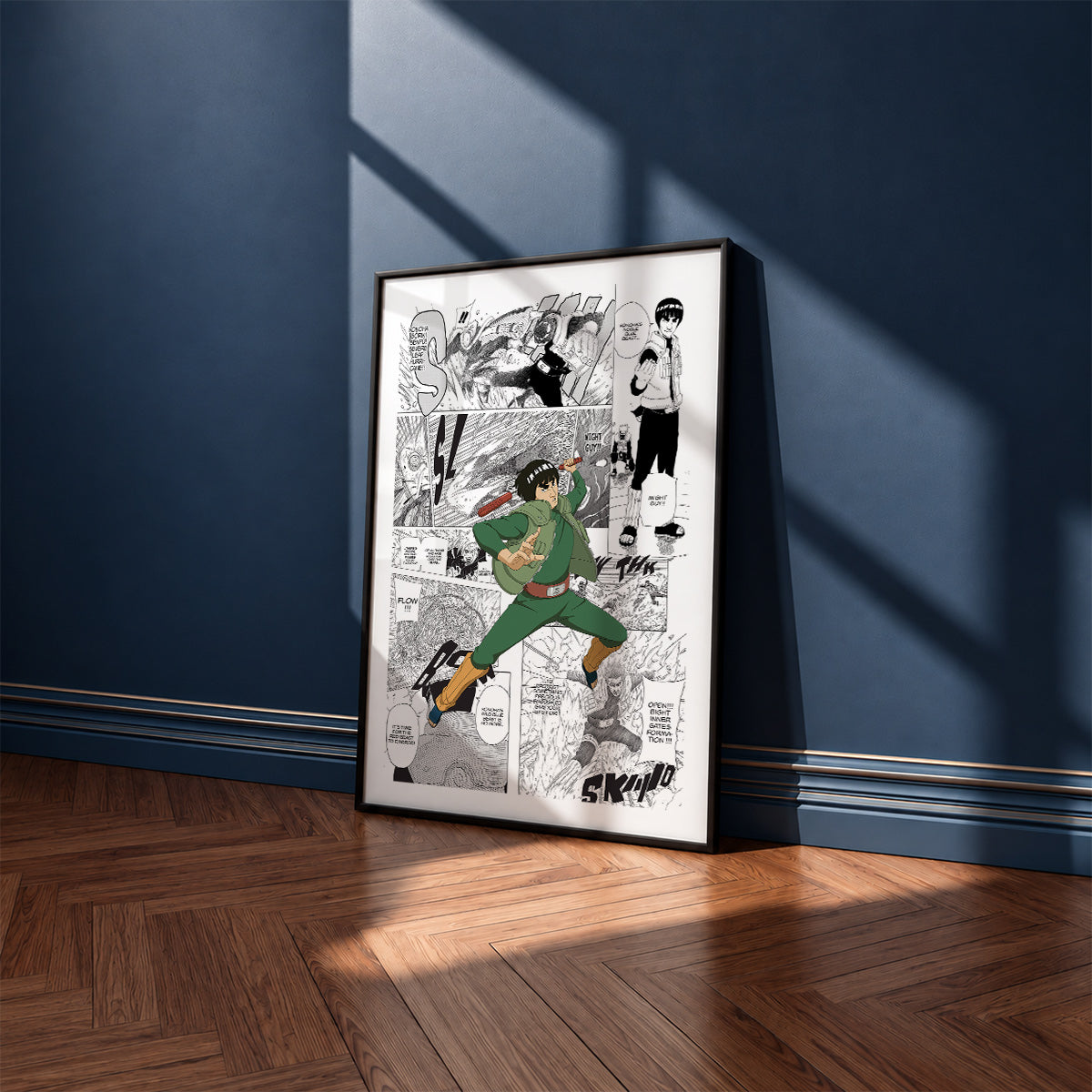 Might Guy manga poster inspired by Naruto in a black frame against a navy blue wall