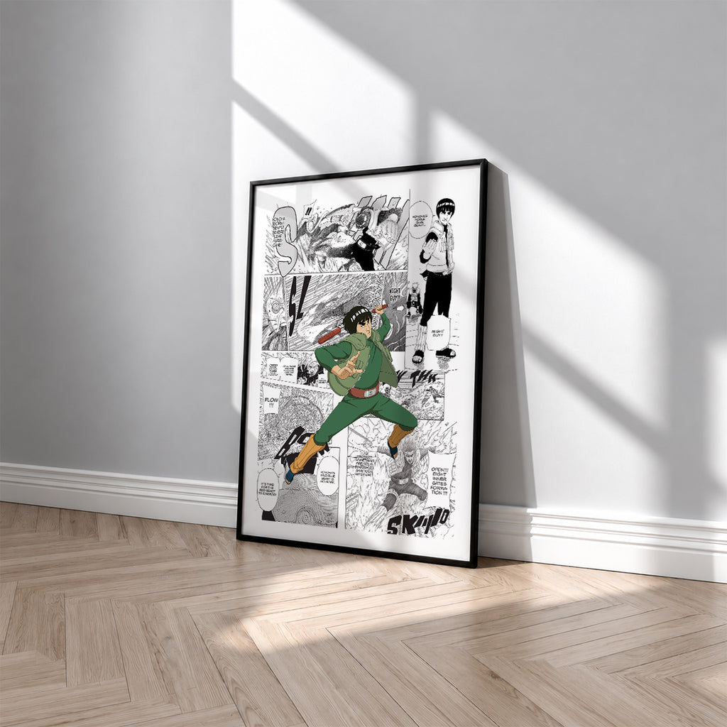 Might Guy manga poster inspired by Naruto in a black frame against a light gray wall