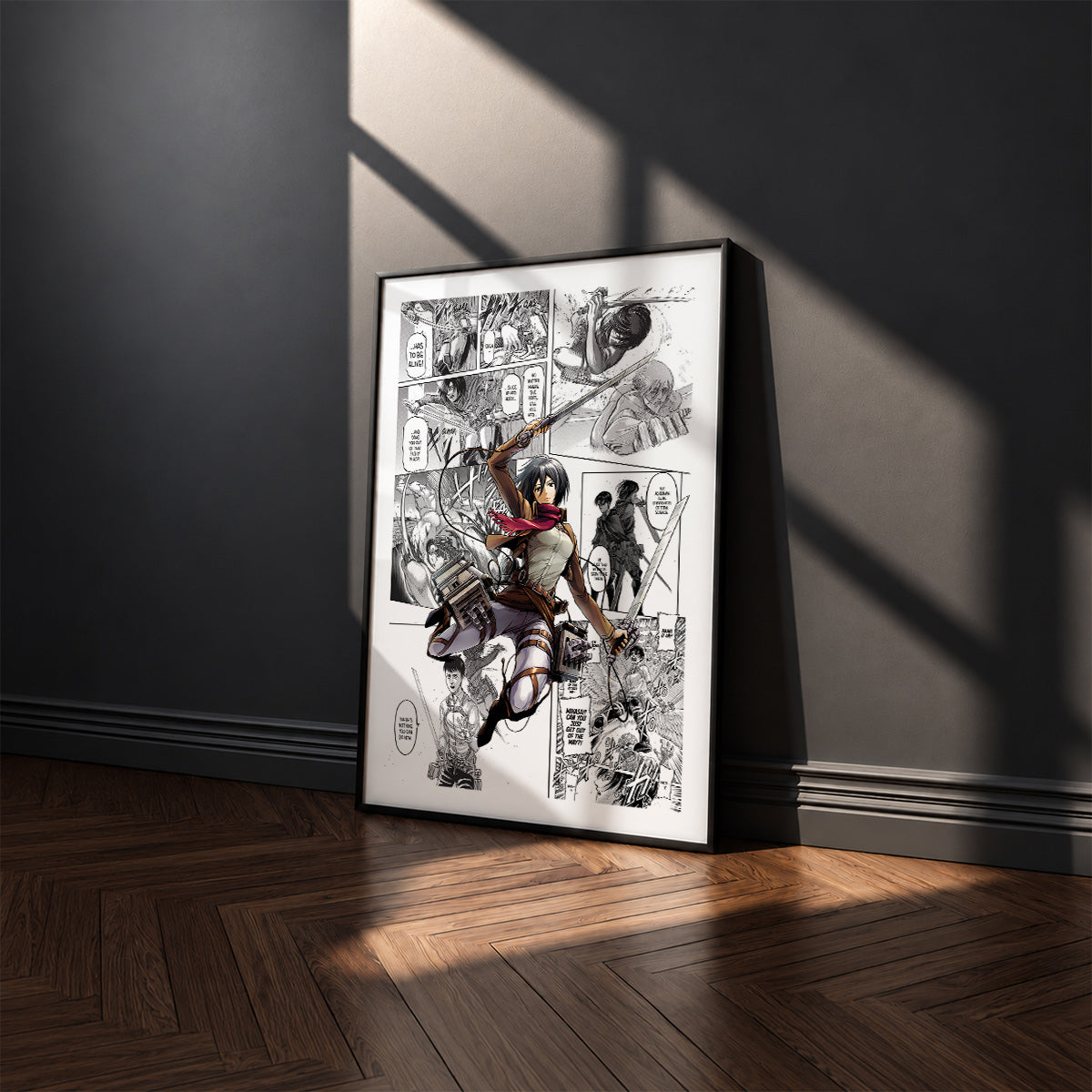 Mikasa Ackerman manga poster inspired by Attack on Titan in a black frame against a charcoal gray wall