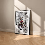 Mikasa Ackerman manga poster inspired by Attack on Titan in a black frame against a warm beige wall