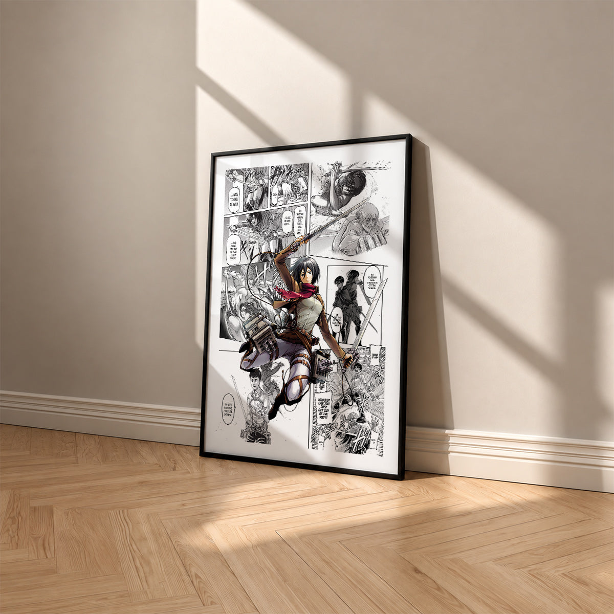 Mikasa Ackerman manga poster inspired by Attack on Titan in a black frame against a warm beige wall