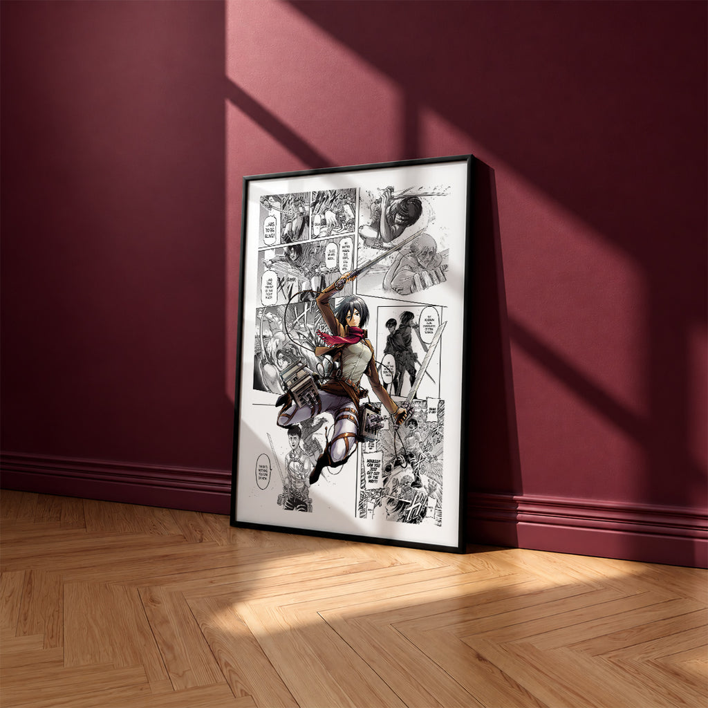 Mikasa Ackerman manga poster inspired by Attack on Titan in a black frame against a burgundy wall