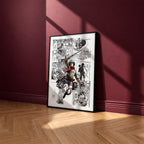Mikasa Ackerman manga poster inspired by Attack on Titan in a black frame against a burgundy wall