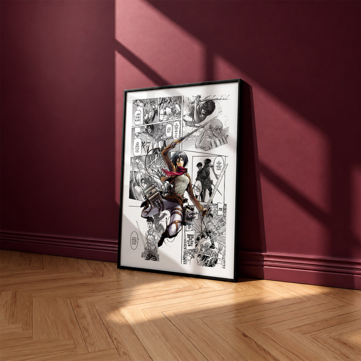 Mikasa Ackerman manga poster inspired by Attack on Titan in a black frame against a burgundy wall