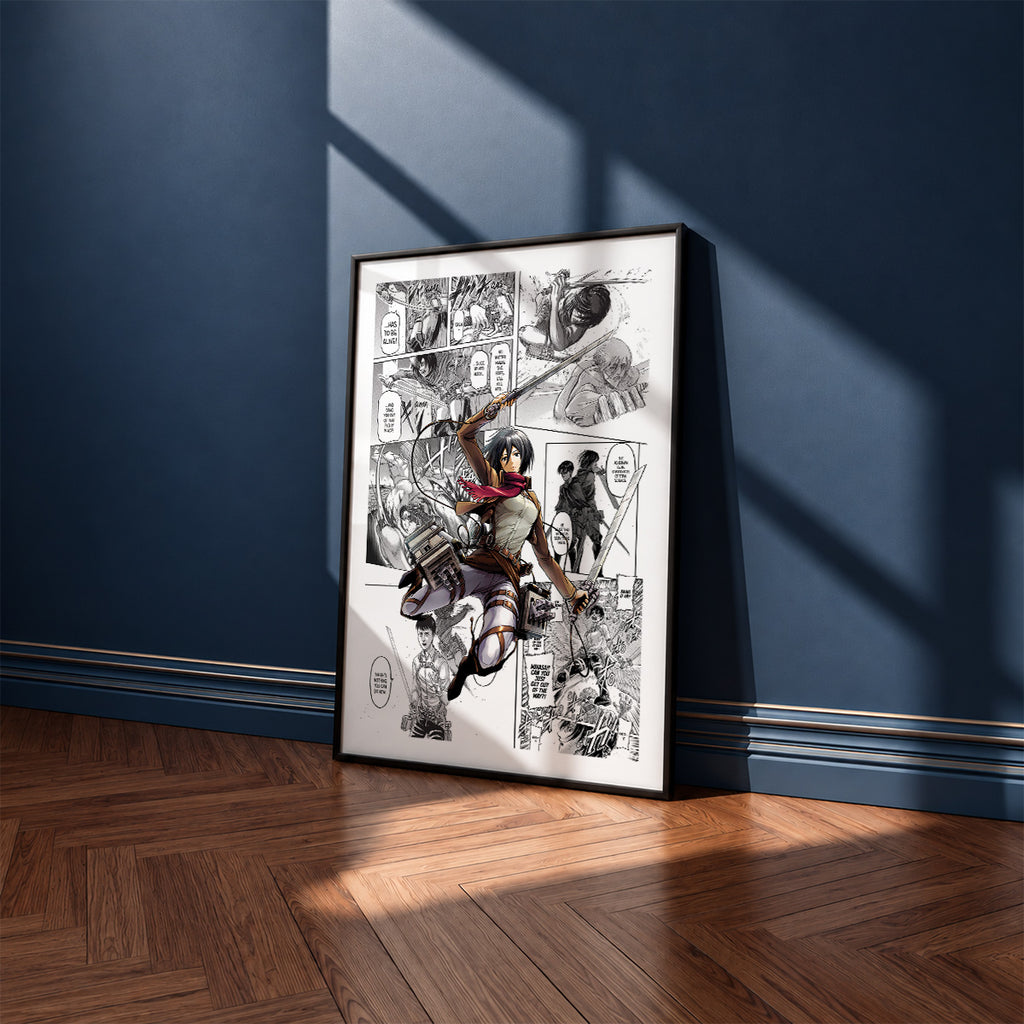 Mikasa Ackerman manga poster inspired by Attack on Titan in a black frame against a navy blue wall