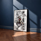 Mikasa Ackerman manga poster inspired by Attack on Titan in a black frame against a navy blue wall