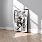 Mikasa Ackerman manga poster inspired by Attack on Titan in a black frame against a light gray wall
